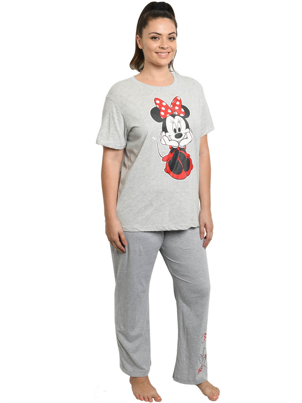 Womens Plus Size Disney Minnie Mouse T-Shirt & Lounge Pants Bow Pajama Gray Set