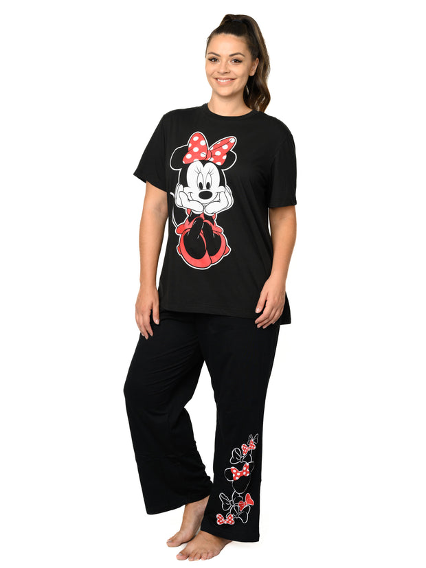 Women's Plus Size Minnie Mouse Sitting T-Shirt & Bow Icons Lounge Pants Black