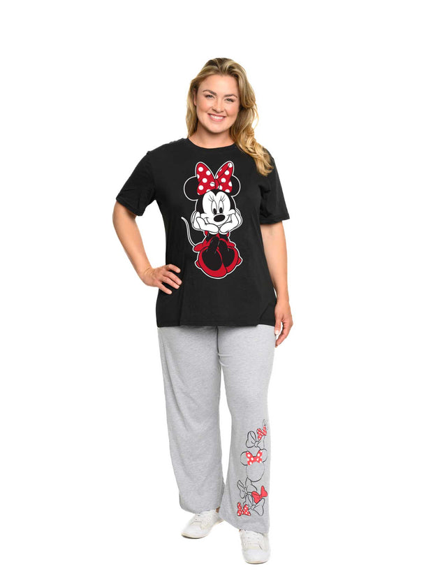 Women's Plus Size Minnie Mouse  T-Shirt and Pants Pajamas Set Gray Black