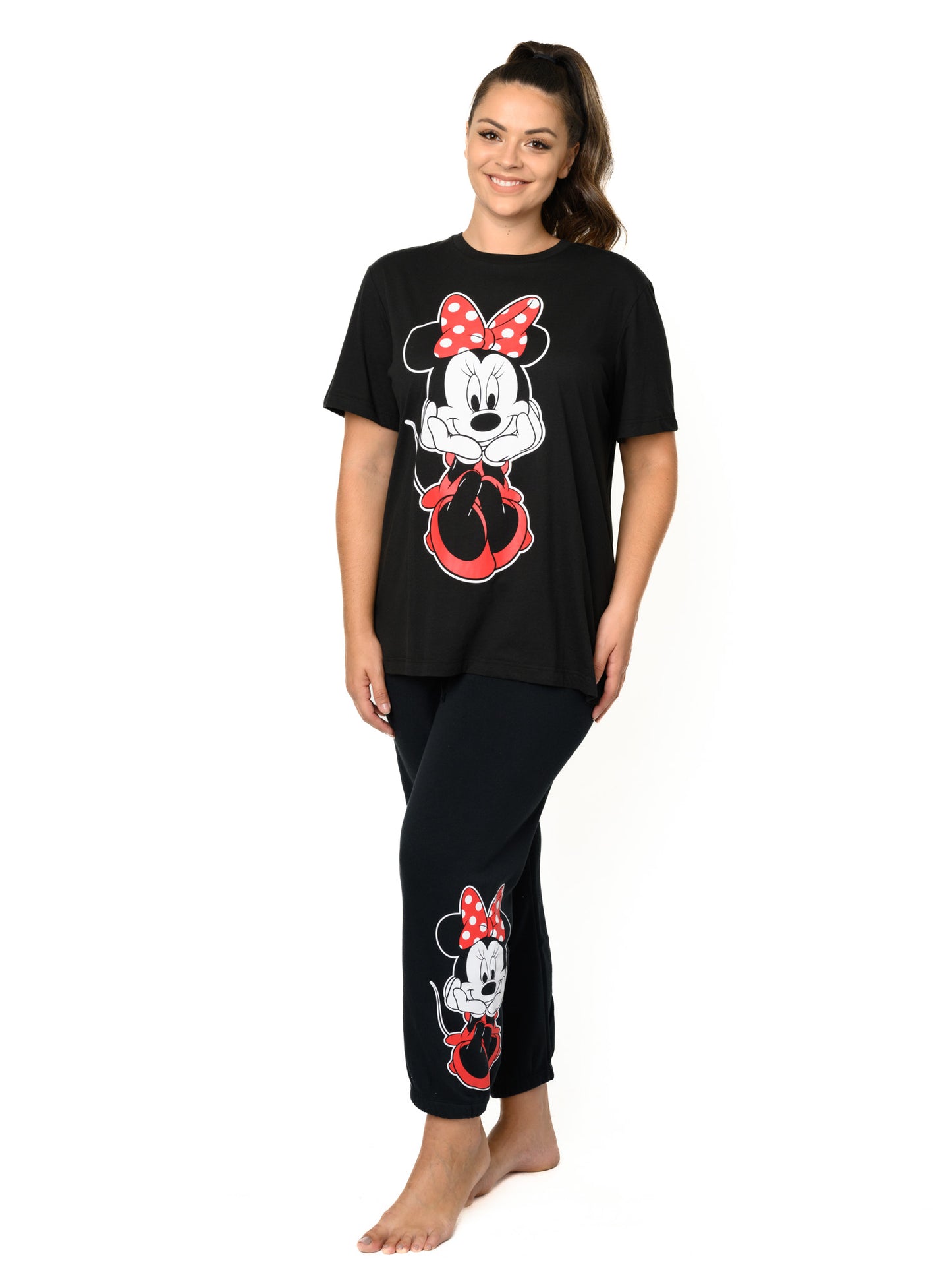 Women's Plus Size Minnie Mouse Sitting T-Shirt & Fleece Elastic Jogger Pants