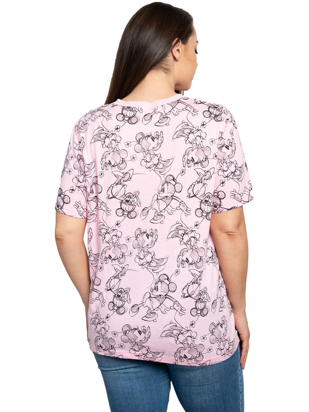 Minnie Mouse T-Shirt Sketch All-Over Print Pink Women's Plus Size Disney