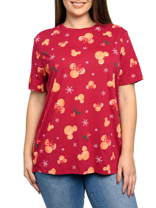 Women's Plus Size Disney Mickey Minnie Mouse Christmas T-Shirt All-Over Red