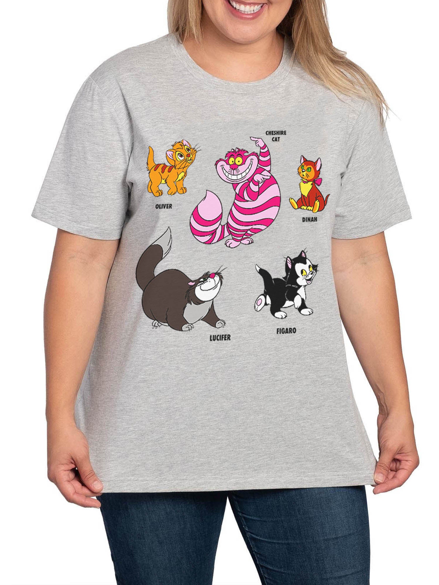Women's Plus Size Disney Cats Short Sleeve T-Shirt Cheshire Figaro Gray Size 2X