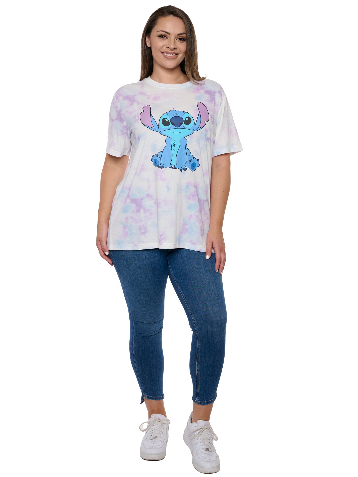 Women's Disney Stitch T-Shirt Pastel Tie Dye Short Sleeve White (Size Large)