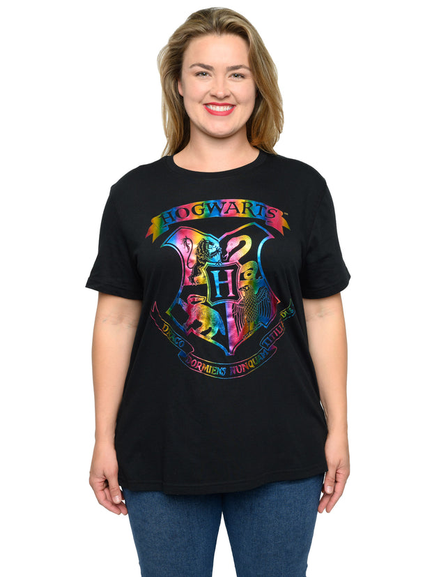 Harry Potter T-Shirt Hogwarts School Crest Rainbow Black Women's Plus Size