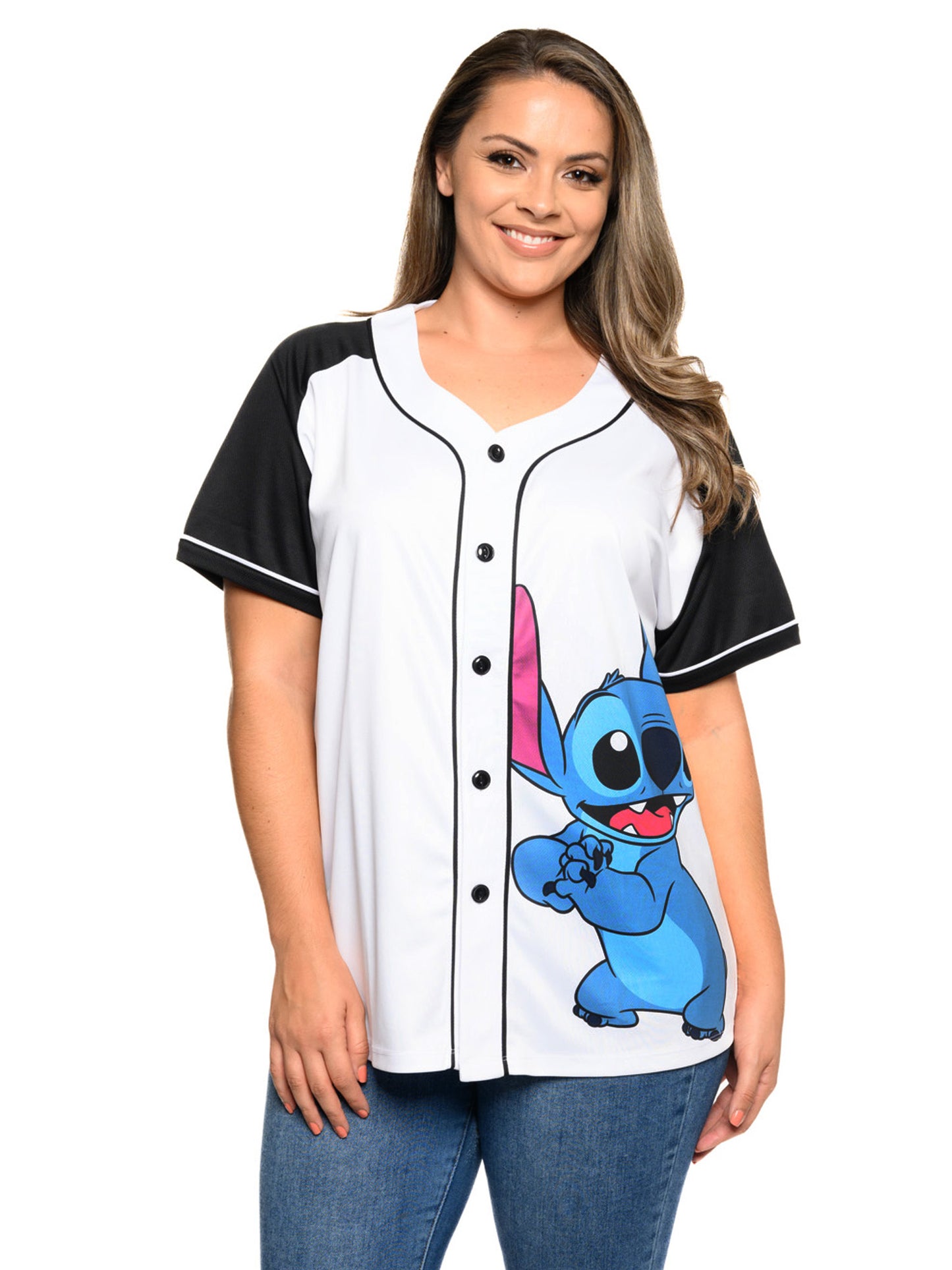 Women's Plus Size Disney Stitch Baseball Jersey Button Down Shirt (Size 2X)