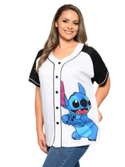 Disney Stitch Baseball Jersey Button Down Shirt White Women's Plus Size