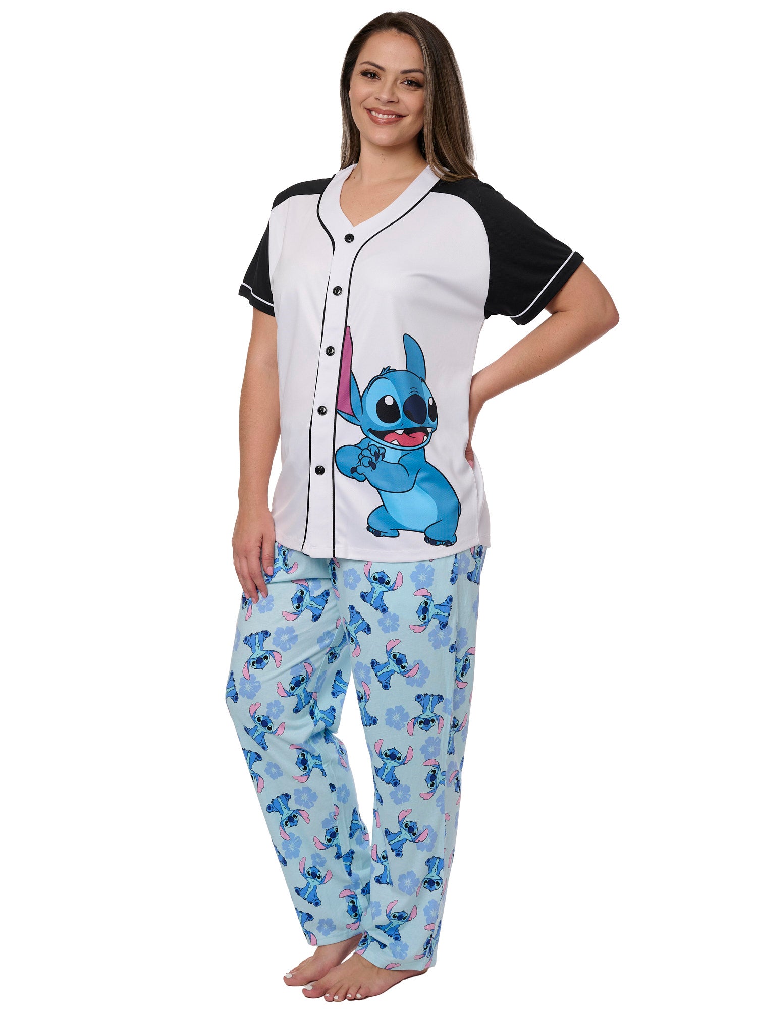 Women's Plus Stitch Baseball Jersey Shirt and Lounge Pants 2-Piece Set Disney