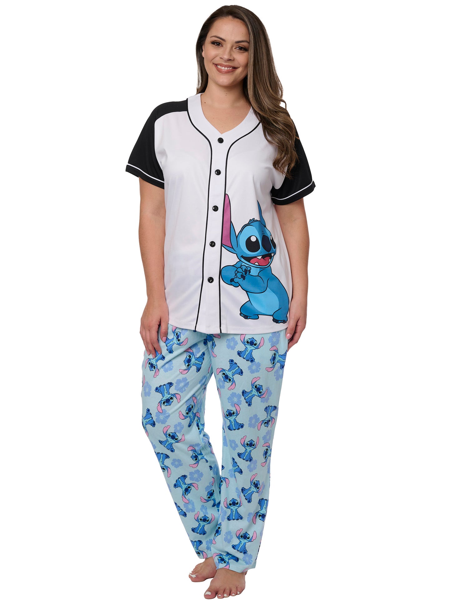 Women's Plus Stitch Baseball Jersey Shirt and Lounge Pants 2-Piece Set Disney