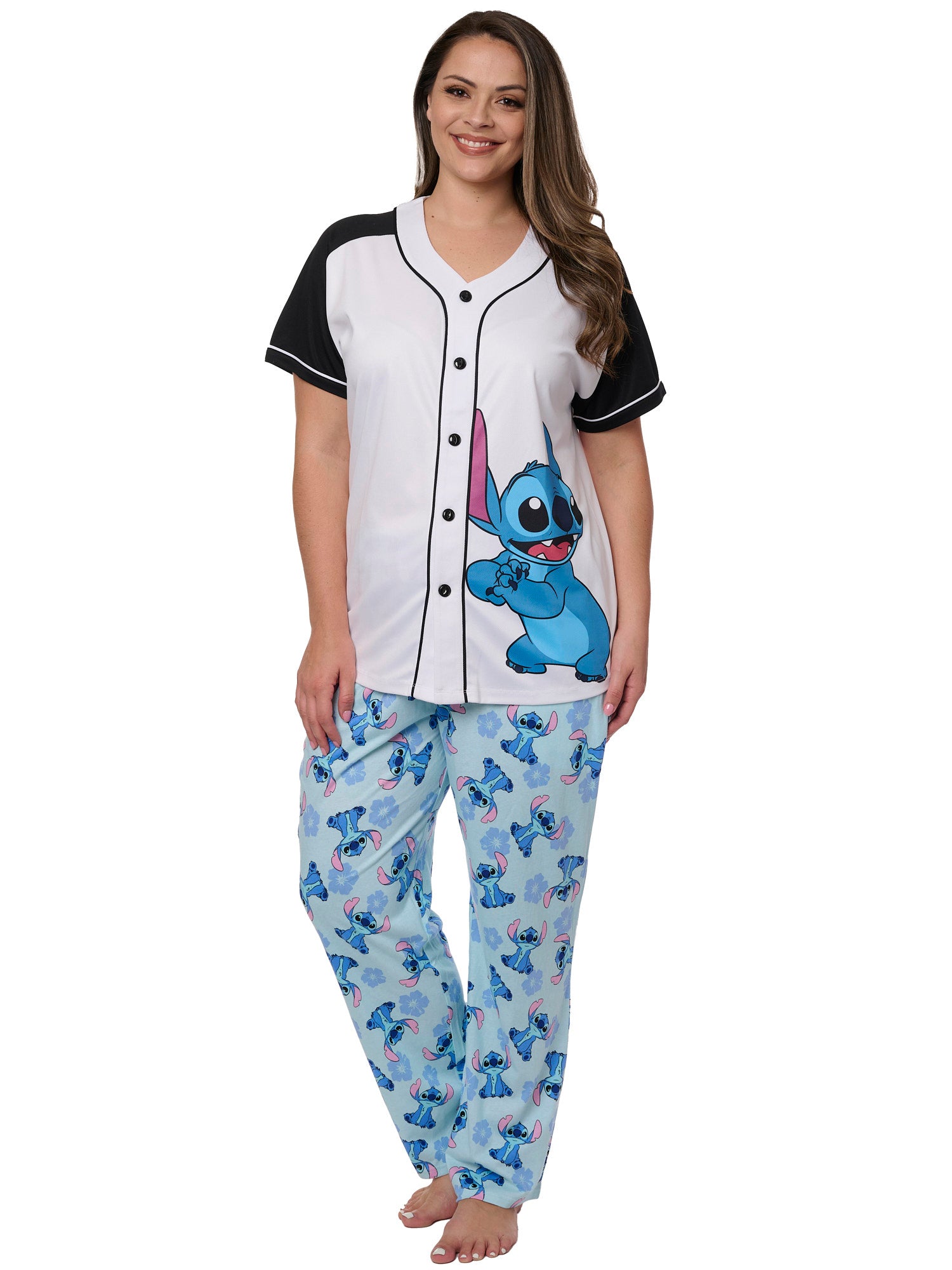 Women's Plus Stitch Baseball Jersey Shirt and Lounge Pants 2-Piece Set Disney