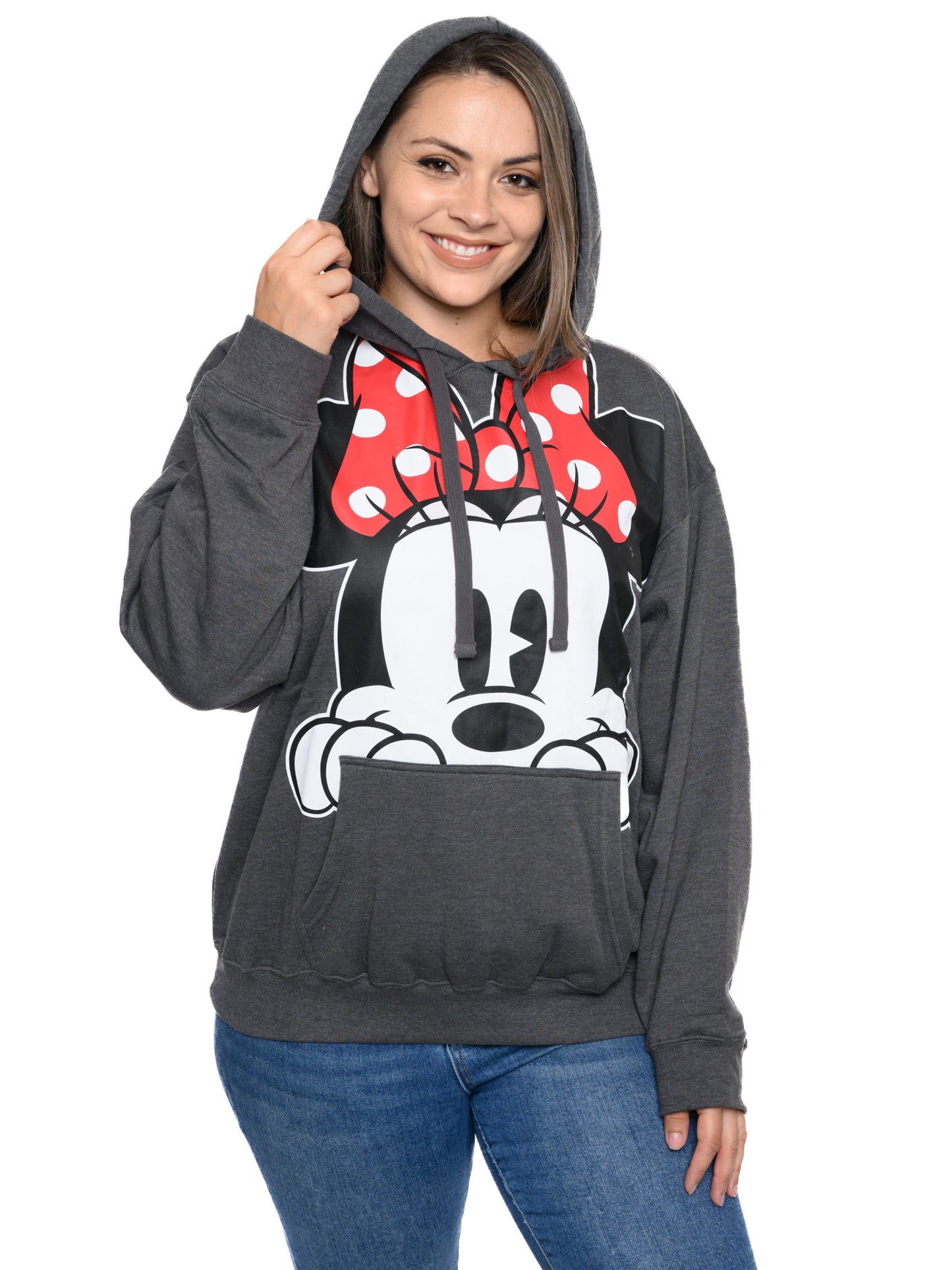 Disney Women's Minnie Mouse Hoodie Sweatshirt Pullover Minnie Face Charcoal