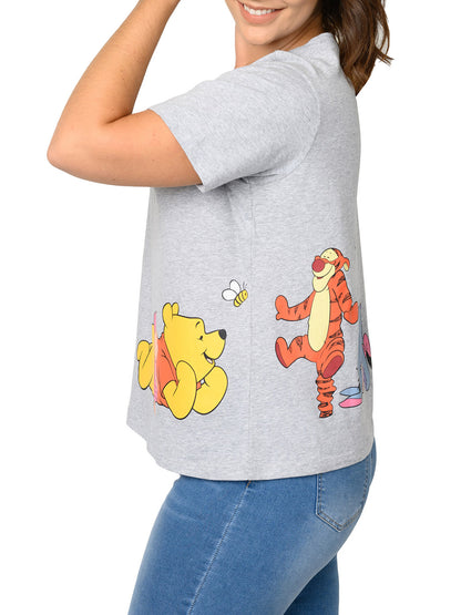 Winnie The Pooh Cropped T-Shirt Piglet Eeyore Tigger Women's Plus Size Gray