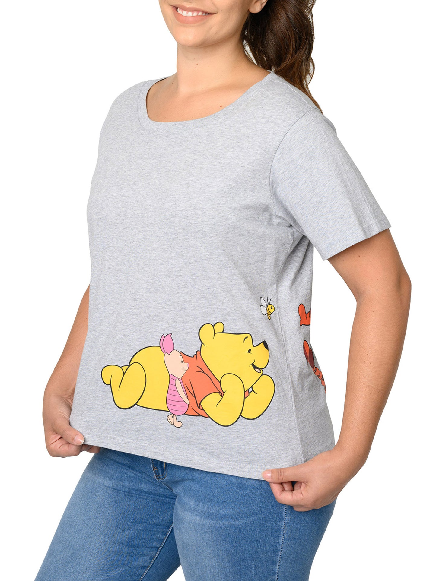 Winnie The Pooh Cropped T-Shirt Piglet Eeyore Tigger Women's Plus Size Gray