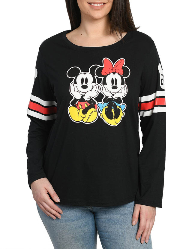 Women Juniors Plus Size Mickey & Minnie Mouse Long Sleeve T-Shirt Black