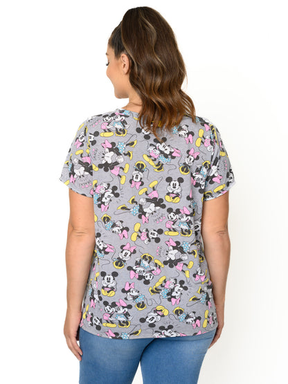 Minnie & Mickey Mouse T-Shirt V-Neck All-Over Print Gray Women's Plus Size
