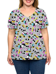 Minnie & Mickey Mouse T-Shirt V-Neck All-Over Print Gray Women's Plus Size