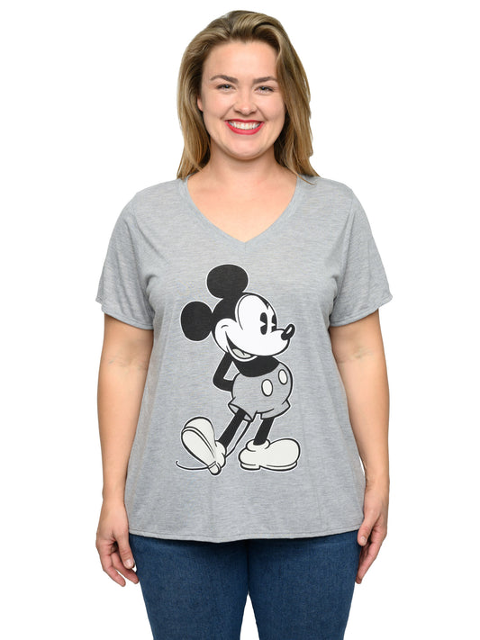 Mickey Mouse V-Neck T-Shirt Women's Plus Size Retro Vintage Gray