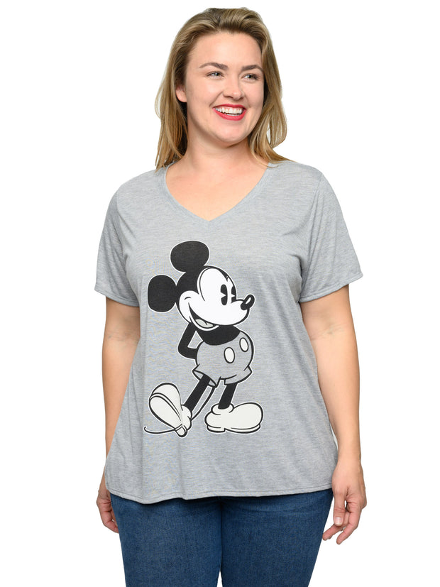 Mickey Mouse V-Neck T-Shirt Women's Plus Size Retro Vintage Gray