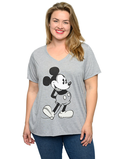 Mickey Mouse V-Neck T-Shirt Women's Plus Size Retro Vintage Gray