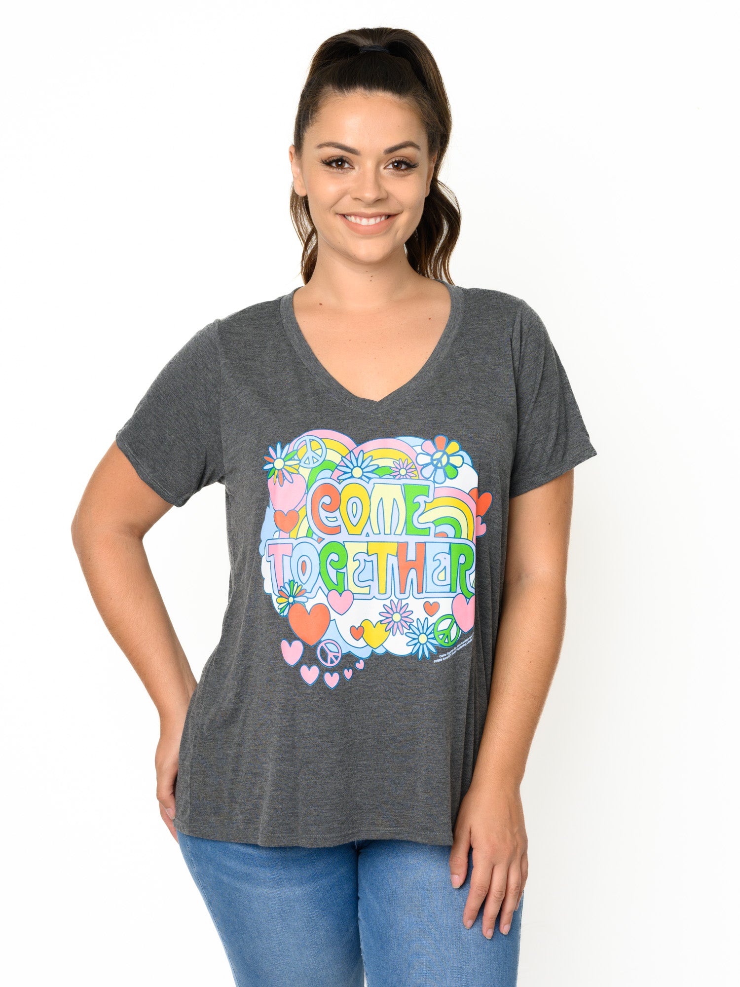 Plus Size Women's Beatles T-Shirt Come Together V-Neck Band Tee Charcoal Gray
