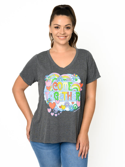 Plus Size Women's Beatles T-Shirt Come Together V-Neck Band Tee Charcoal Gray