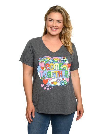 Plus Size Women's Beatles T-Shirt Come Together V-Neck Band Tee Charcoal Gray