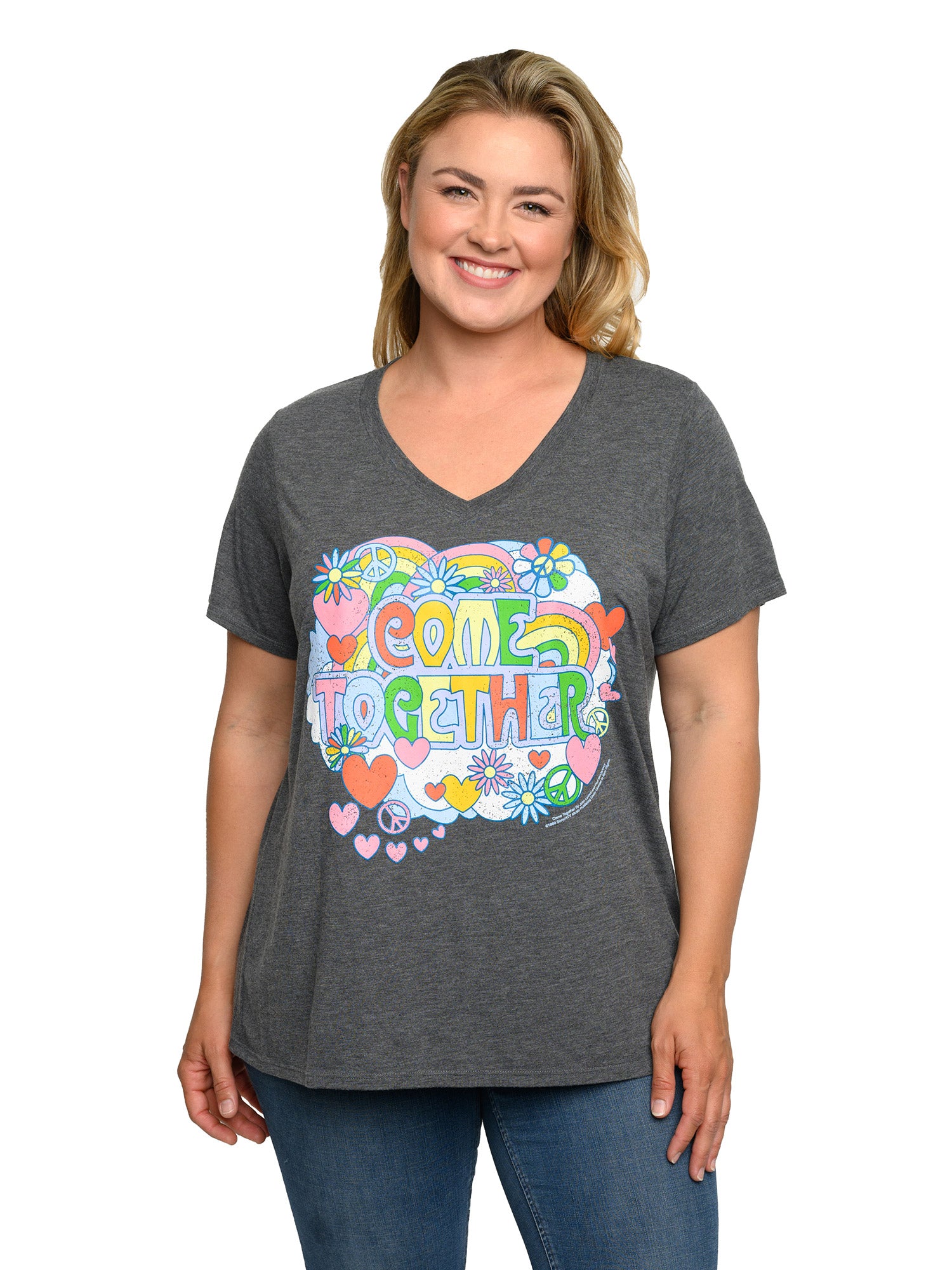 Plus Size Women's Beatles T-Shirt Come Together V-Neck Band Tee Charcoal Gray