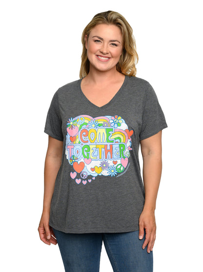 Plus Size Women's Beatles T-Shirt Come Together V-Neck Band Tee Charcoal Gray