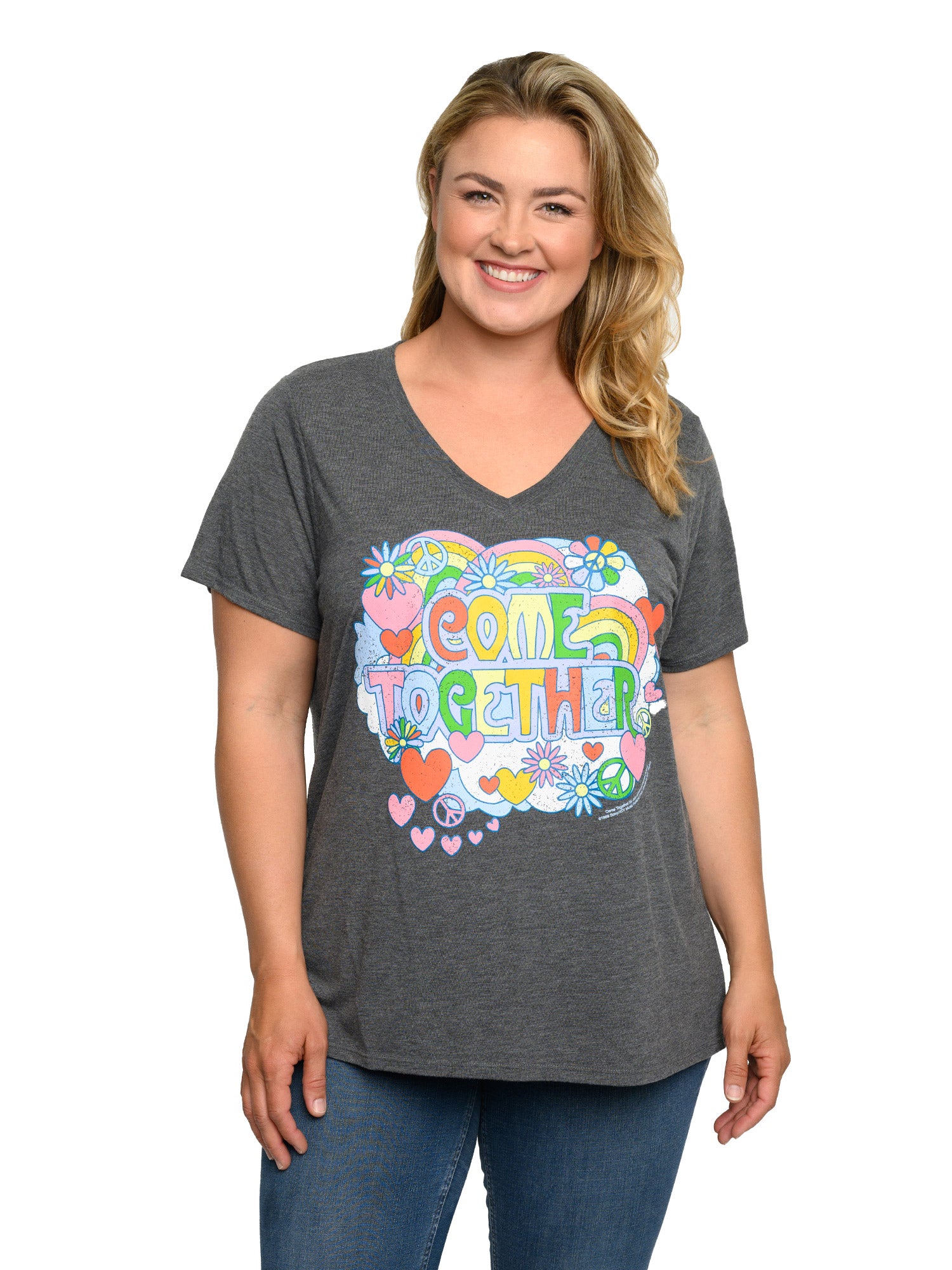 Plus Size Women's Beatles T-Shirt Come Together V-Neck Band Tee Charcoal Gray