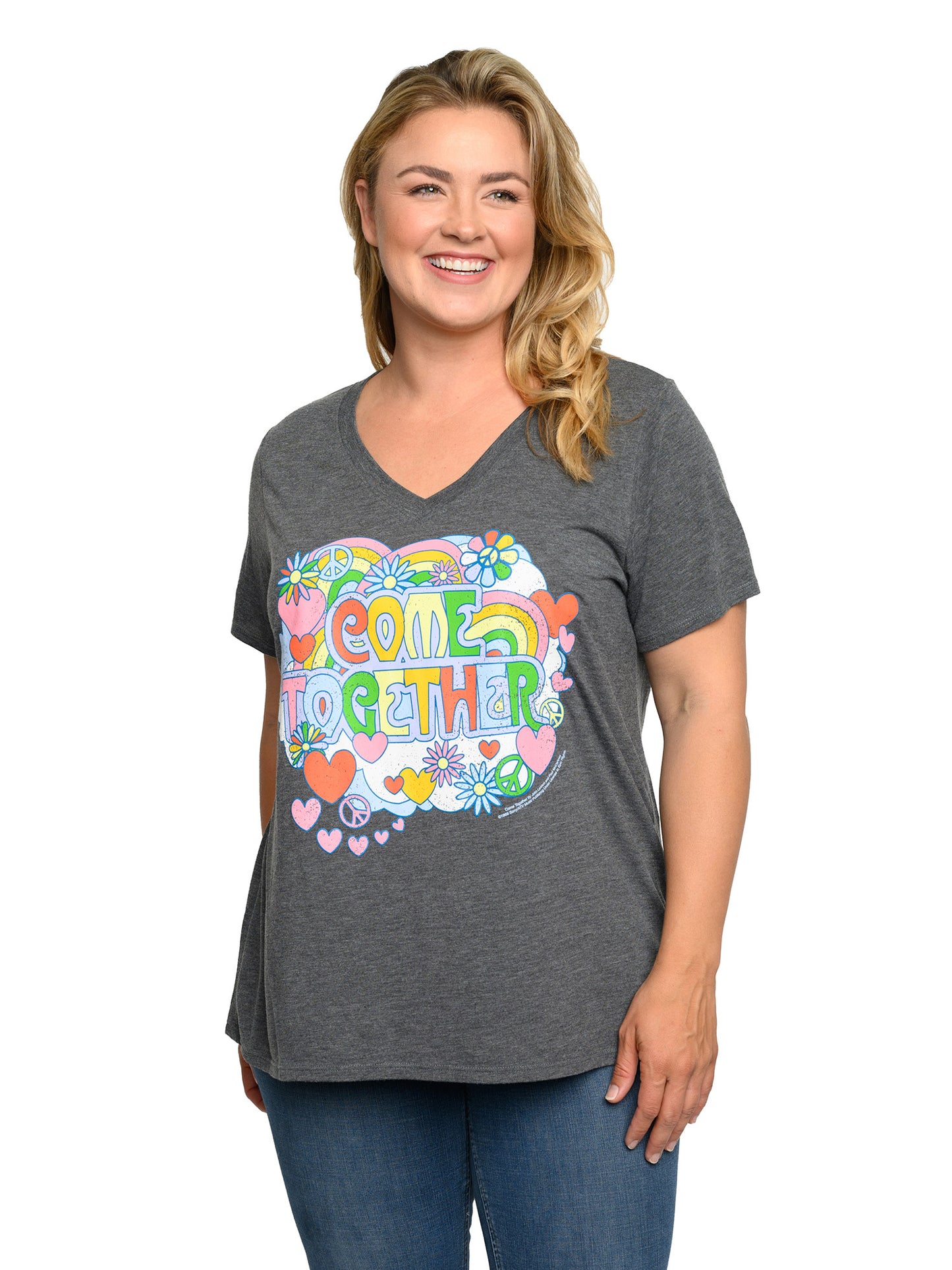 Plus Size Women's Beatles T-Shirt Come Together V-Neck Band Tee Charcoal Gray