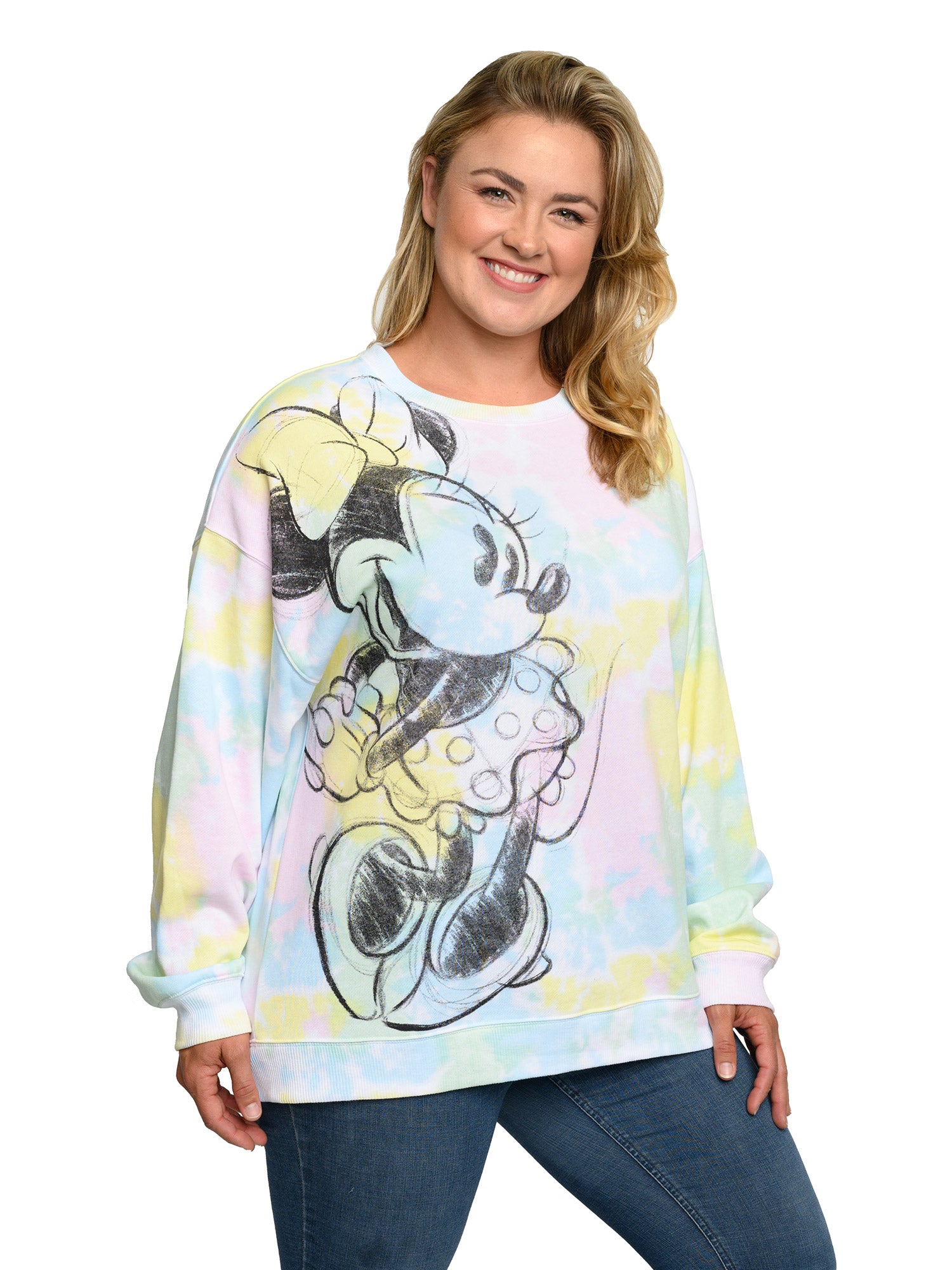 Disney Women's Plus Size Minnie Mouse Sweatshirt Fleece Pastel Pink Blue Yellow