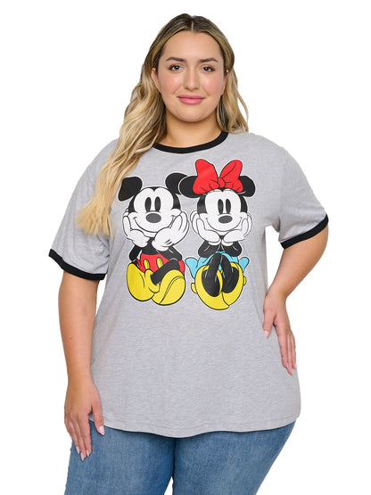 Disney Mickey and Minnie Mouse Women's Plus Size Ringer T-Shirt, Gray (Size 1X)