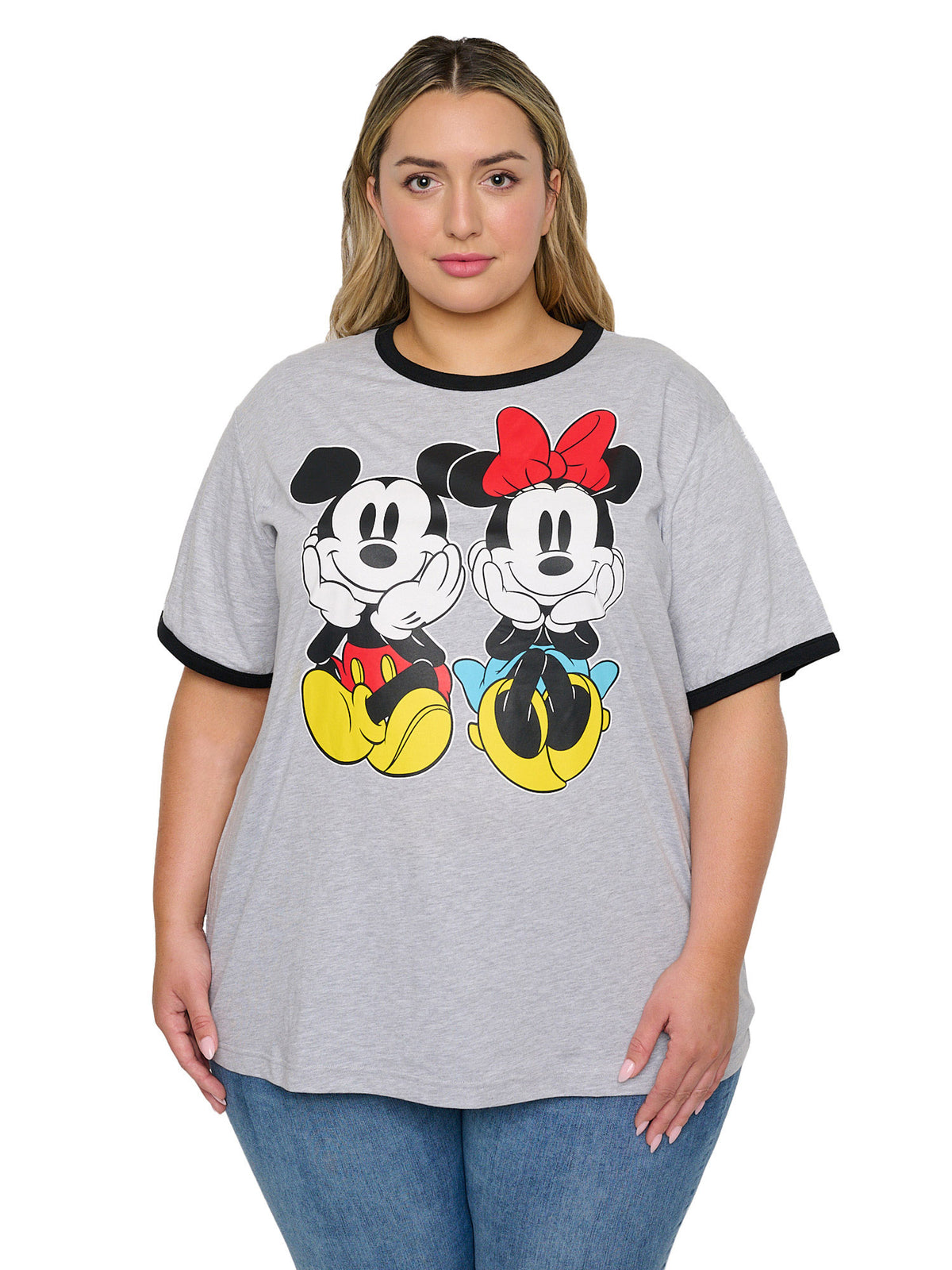 Disney Mickey and Minnie Mouse Women's Plus Size Ringer T-Shirt, Gray (Size 1X)