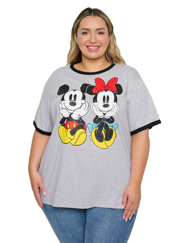 Mickey Minnie Mouse Sitting Ringer T-Shirt Women's Plus Size Disney Gray