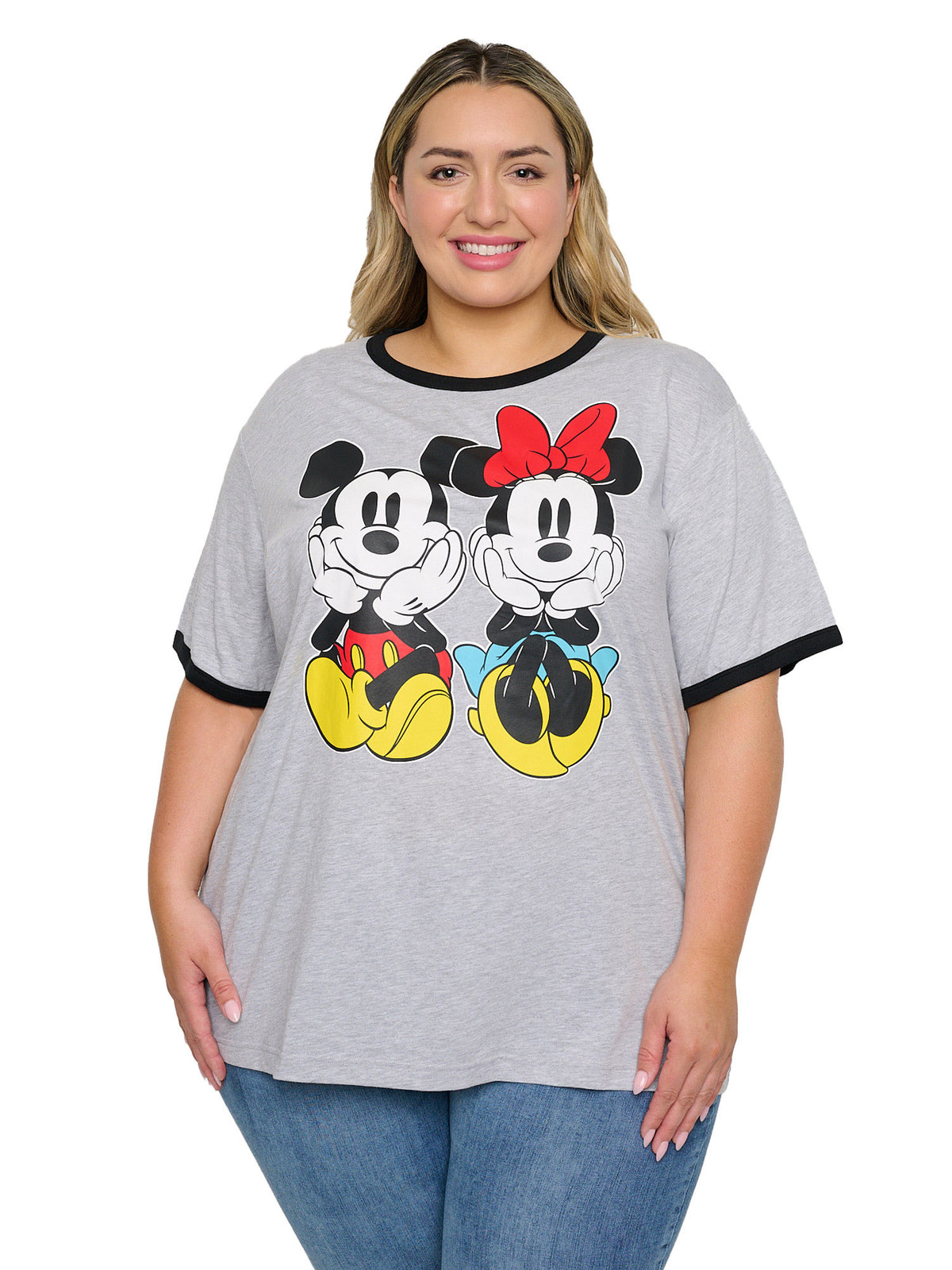 Disney Mickey and Minnie Mouse Women's Plus Size Ringer T-Shirt, Gray