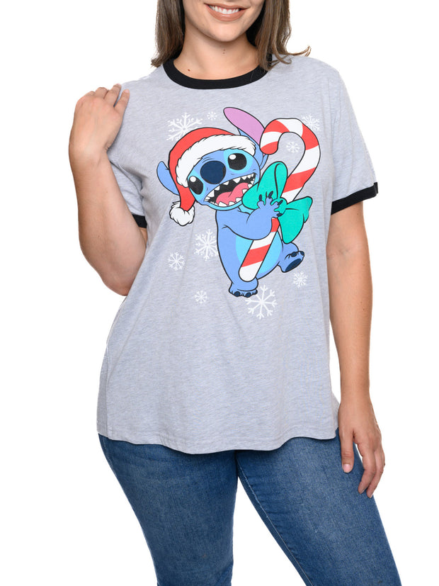 Stitch Christmas T-Shirt Holiday Ringer Women's Plus Size Disney Gray