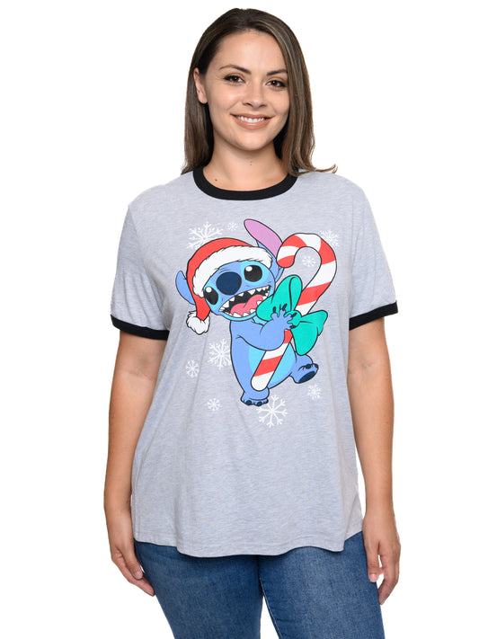 Stitch Christmas T-Shirt Holiday Ringer Women's Plus Size Disney Gray