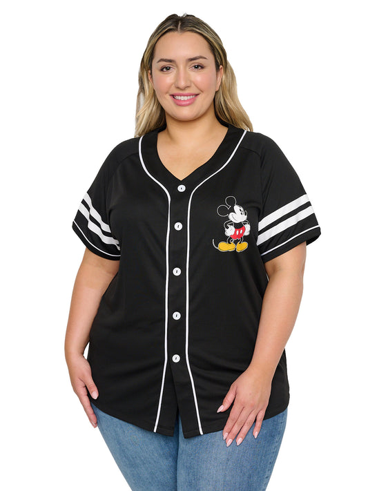 Disney Mickey Mouse Black Baseball Jersey Shirt Button Down Women's Plus Size