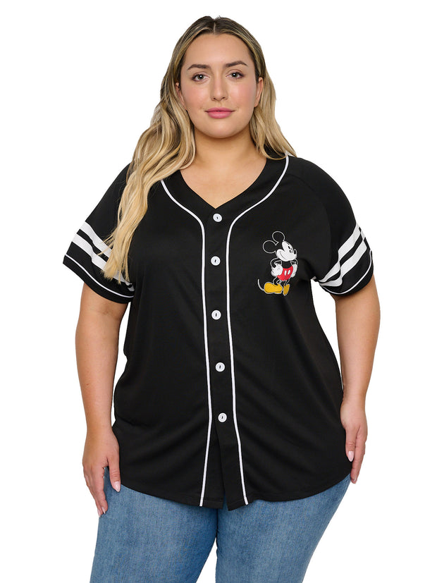 Disney Mickey Mouse Black Baseball Jersey Shirt Button Down Women's Plus Size