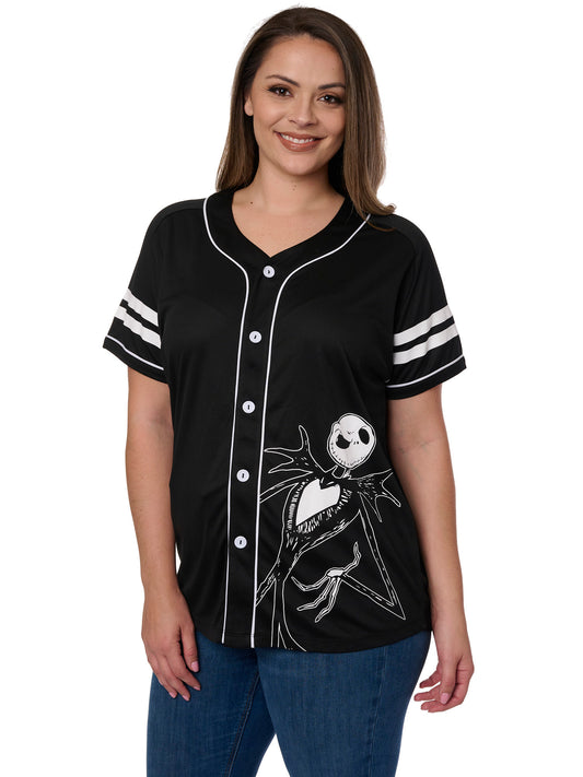 Jack Skellington Black Baseball Jersey Shirt Button Down Women's Plus Size