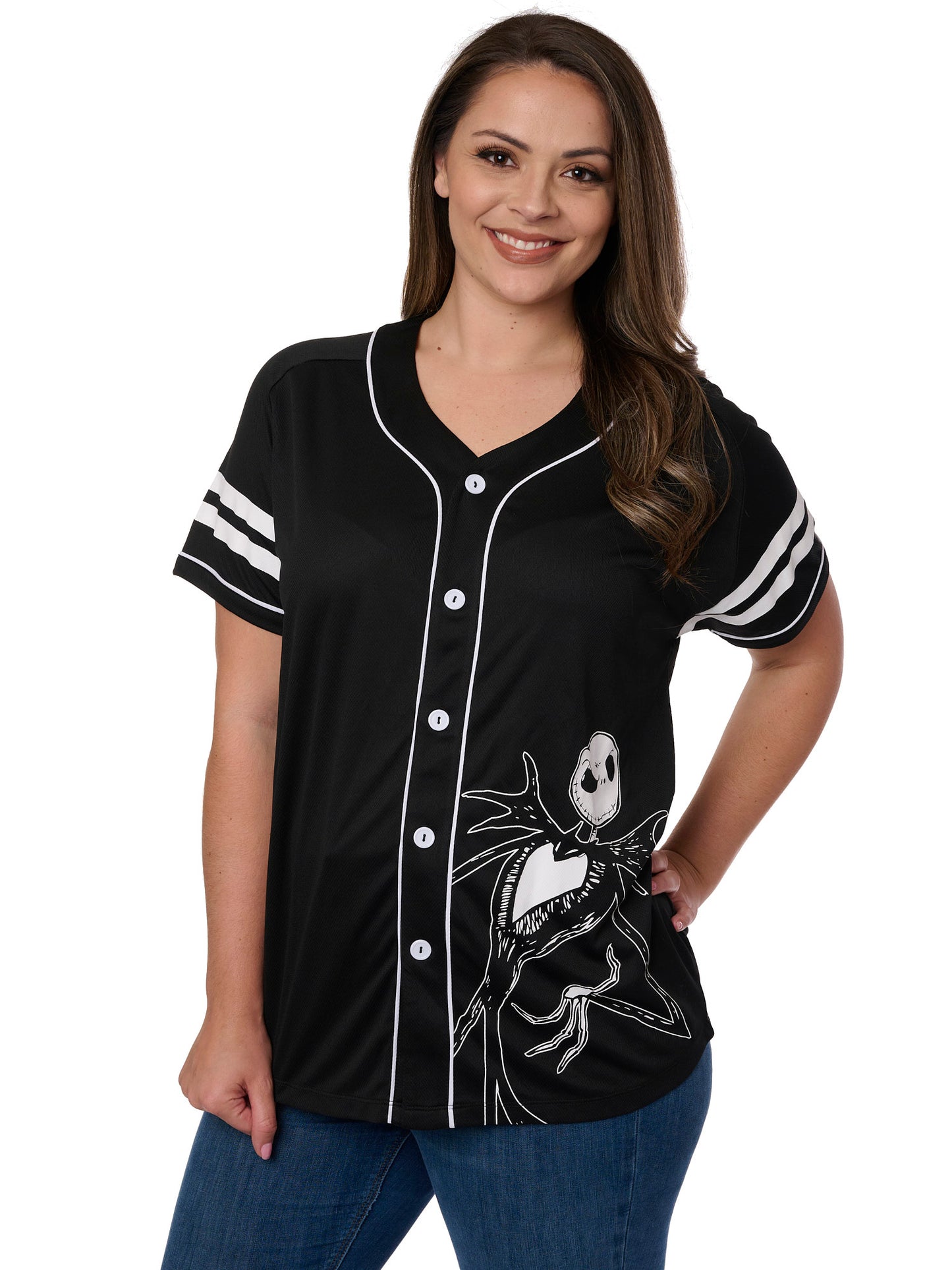 Jack Skellington Black Baseball Jersey Shirt Button Down Women's Plus Size