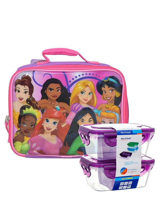 Disney Princesses Lunch Bag Insulated Ariel Tiana w/ 2-Pack Food Containers Set