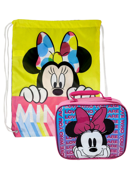 Minnie Mouse Insulated Lunch Bag Pink w/ Yellow Disney Drawstring Sling Bag Set