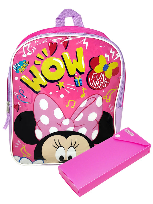 Disney Minnie Mouse Backpack w/ Sliding Pencil Case Pink Girls School 2Pc Set