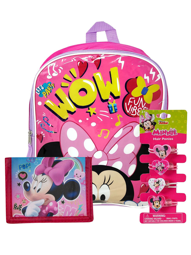 Minnie Mouse Backpack 15" Disney w/ Pink Wallet and 4-Ct Hair Ties Ponies Set