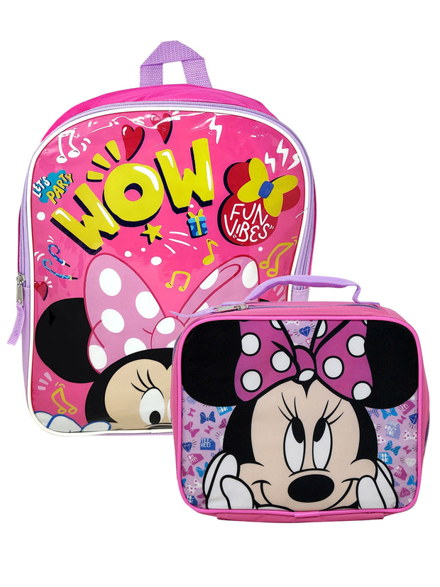 Minnie Mouse Backpack 15" Wow w/ Disney Insulated Lunch Bag Smiling Girls Set