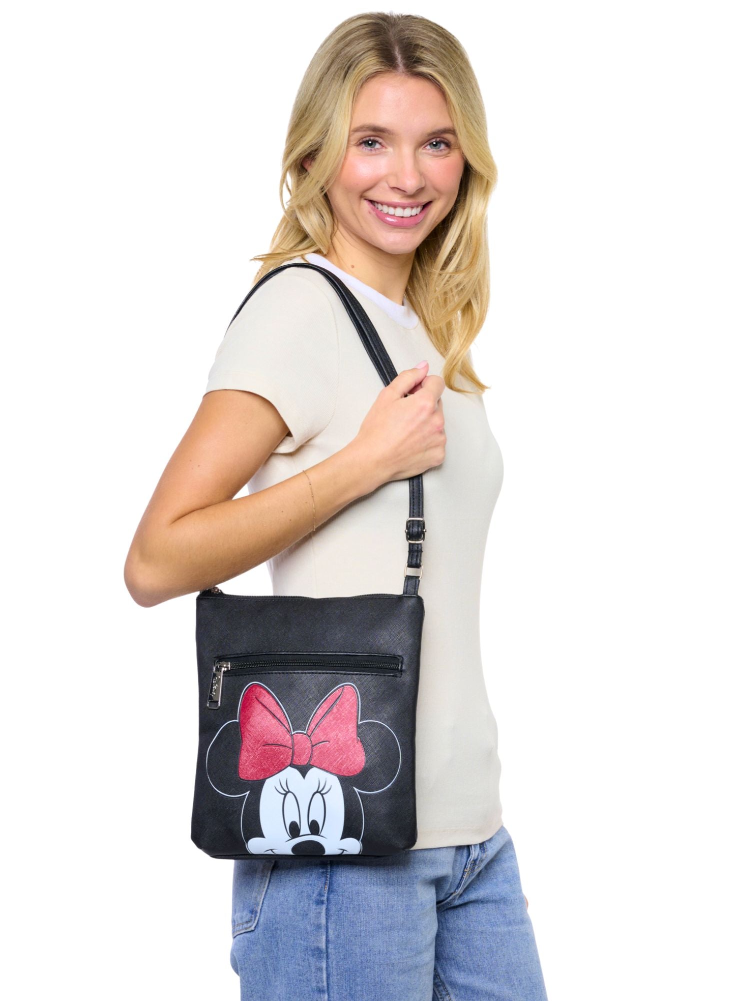 Disney Minnie Mouse Crossbody Purse Passport Bag Travel Black Faux Leather