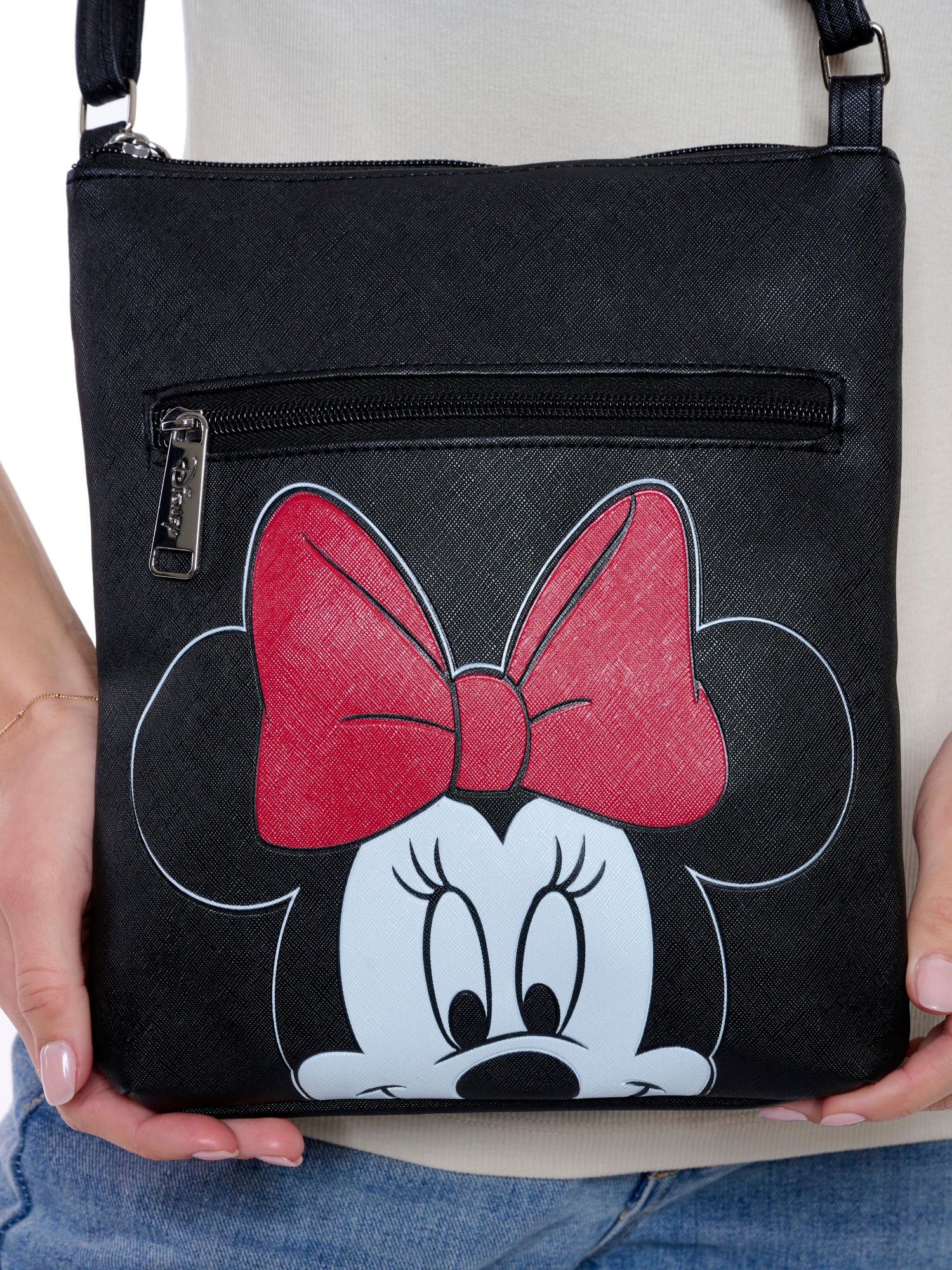 Disney Minnie Mouse Crossbody Purse Passport Bag Travel Black Faux Leather