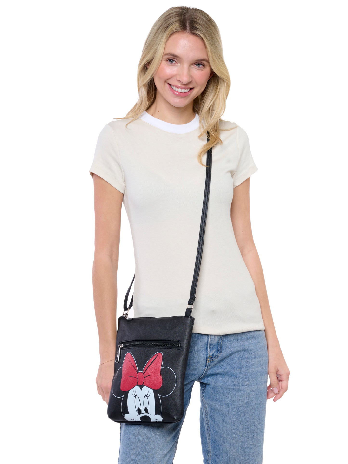 Disney Minnie Mouse Crossbody Purse Passport Bag Travel Black Faux Leather