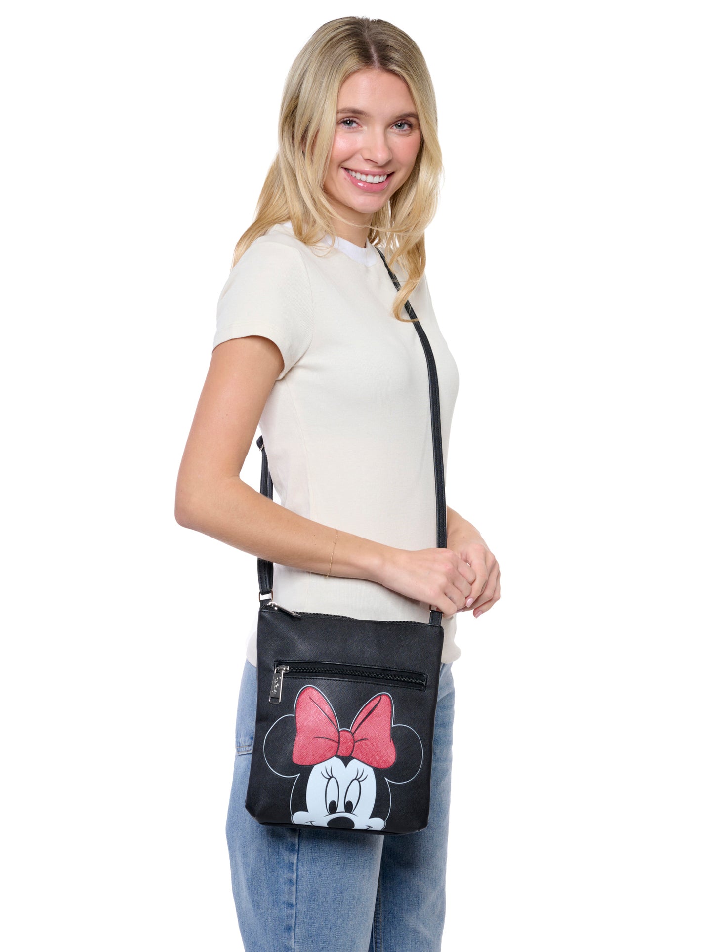 Disney Minnie Mouse Crossbody Purse Passport Bag Travel Black Faux Leather